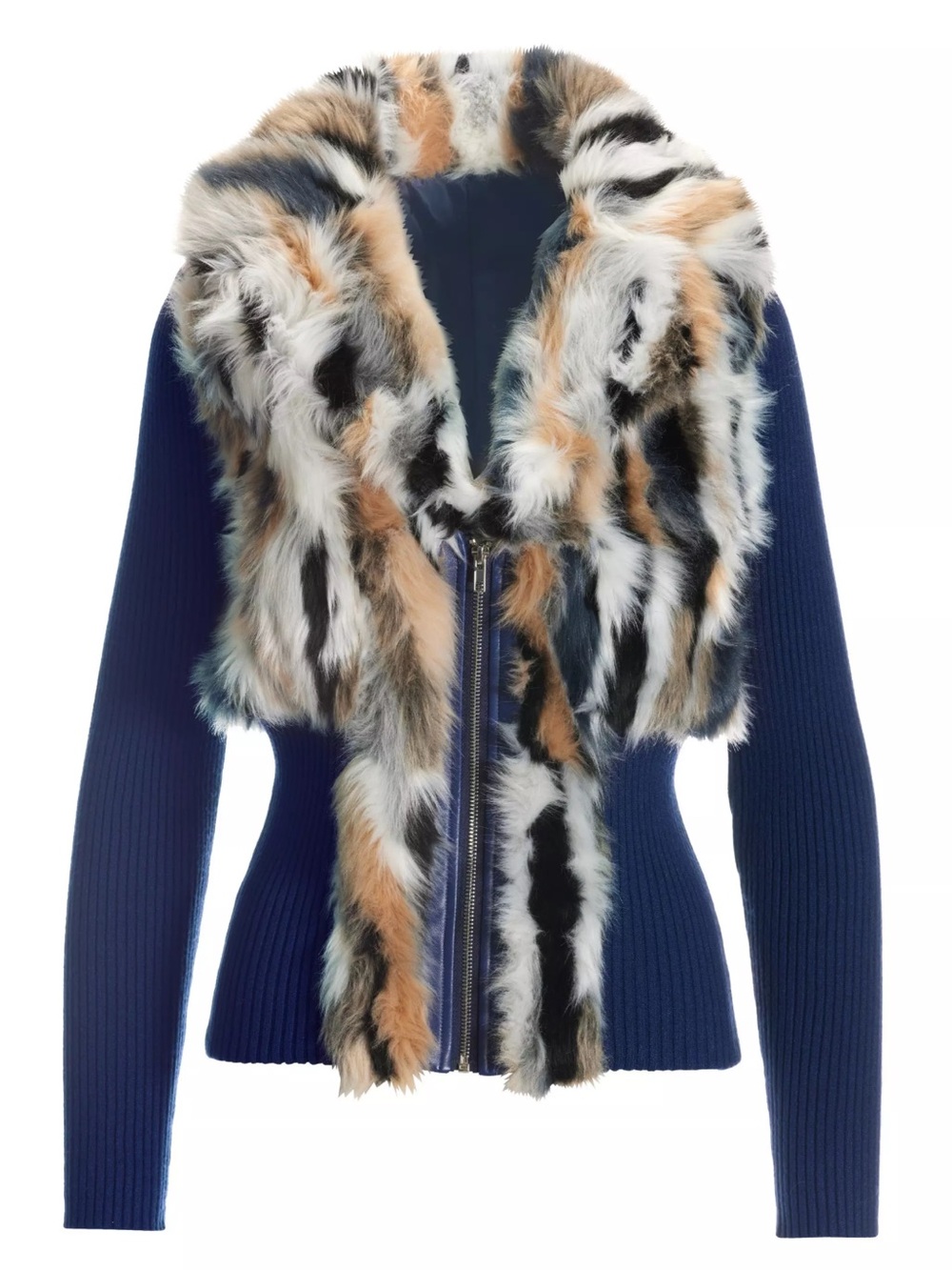 Boston Proper Women’s Faux Fur Trim Navy Zip Sweater Jacket Cardigan NWOT